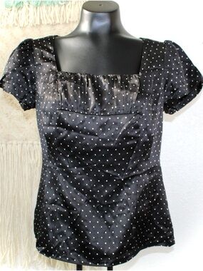 INC 6p Black Polka Dot Square Neck Puff Sleeve Top Fitted double lining blouse